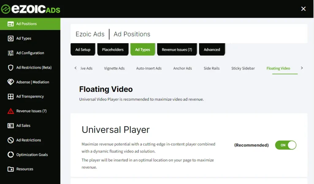  Ezoic Ads floating video setting